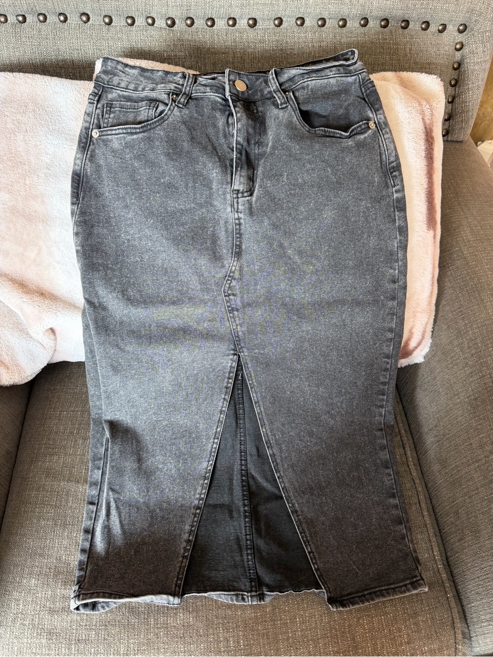 Fashion Nova Black Straight-Leg Jeans Skirt with Front Slit